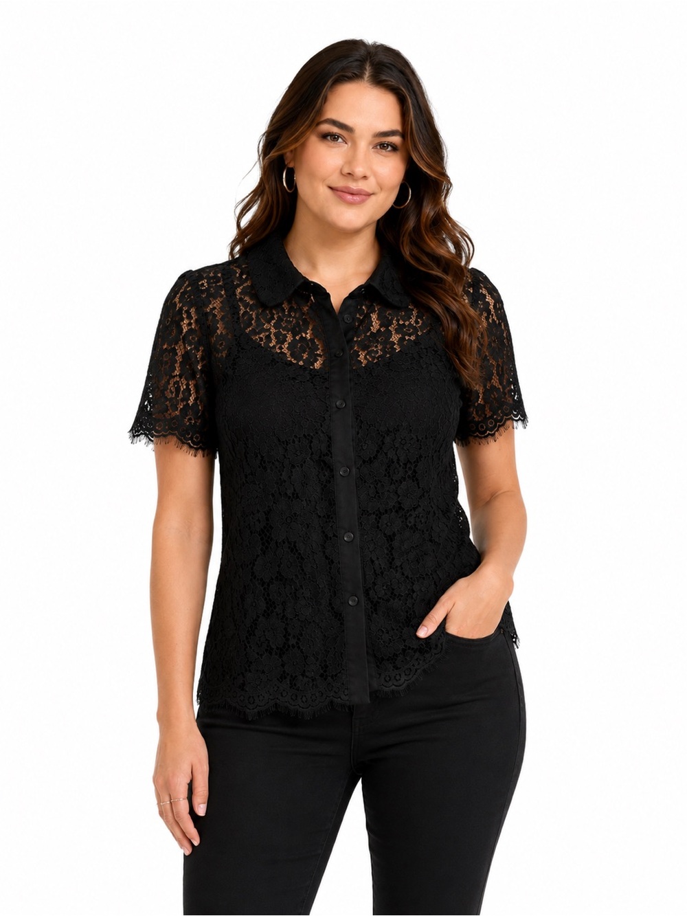 Torrid Black Floral Lace Button Front Collared Sheer Blouse Top Size 0 Large